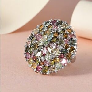 Multiple Tourmaline ring floral design. Platinum plated sterling silver. Size 7.